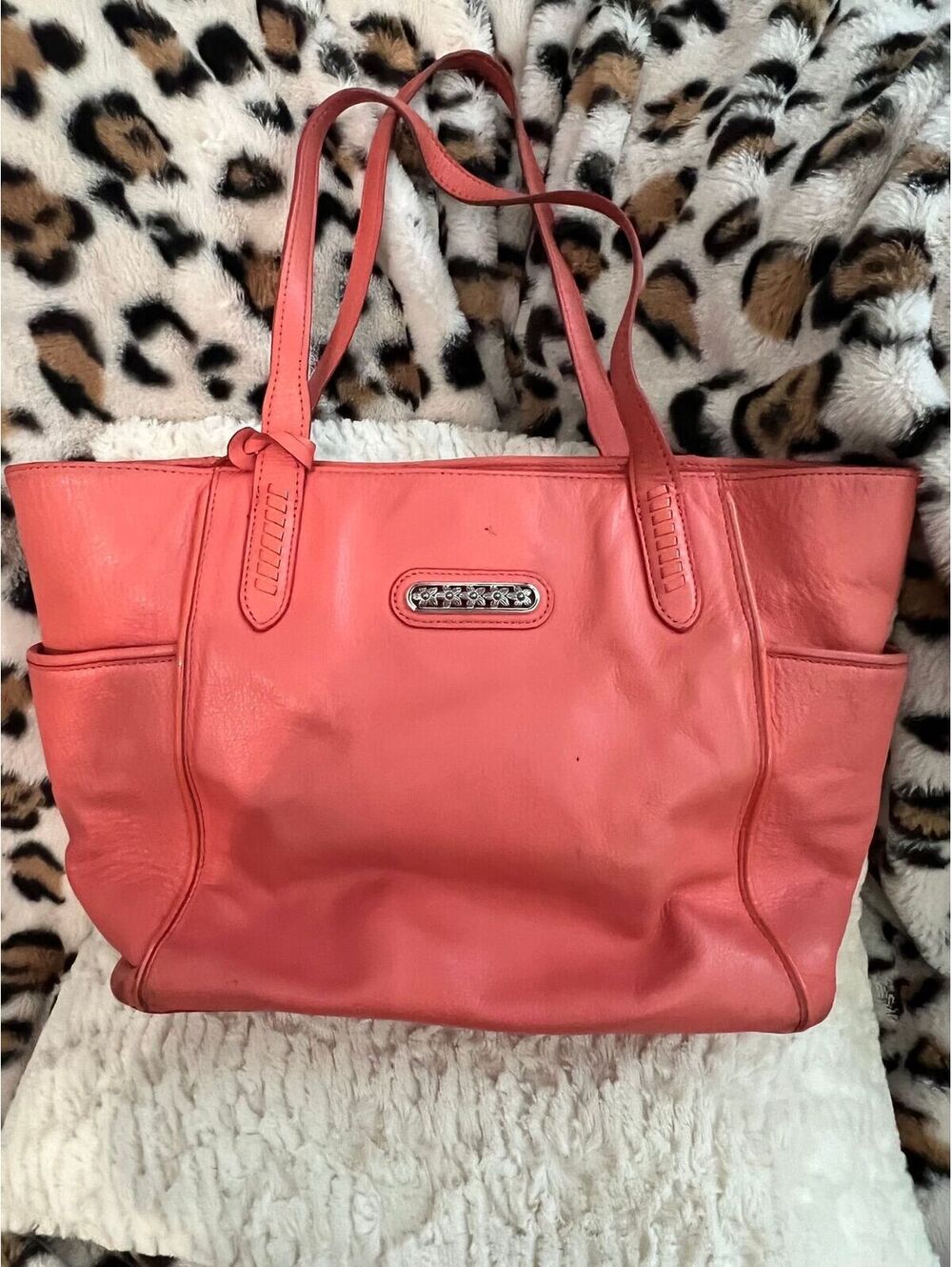 Brighton Coral Leather Shoulder Tote Bag Silver Floral Hdwe ( SKU-0493 HB-090)